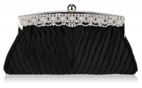 Black Ruched Satin Clutch with Crystal Decoration