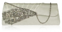 Ivory Ruched Satin Clutch With Crystal Flower