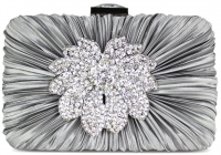 Gorgeous Crystal Satin Rouched Brooch Hard Case Silver Grey Evening Bag